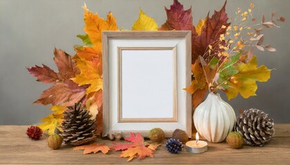 Naklejka na ściany i meble Falling for Fall: Empty Photo Frame Amidst Autumn Leaves Mockup