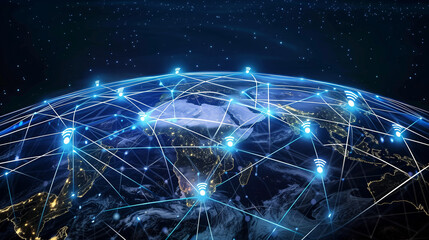 Global network coverage with Wi-Fi icons over Earth. Digital visualization of worldwide internet connectivity. Concept for global communication and technology banner with space and stars background