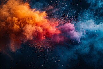 Image captures the captivating moment of blue and orange smoke mixing together against a black background