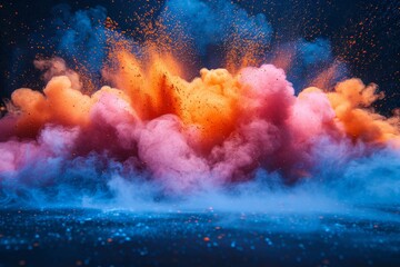 A stunning visual effect of colorful orange and pink clouds exploding against a blue backdrop