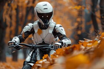 Striking image of a robotic figure riding a bicycle, set against a vibrant autumn backdrop