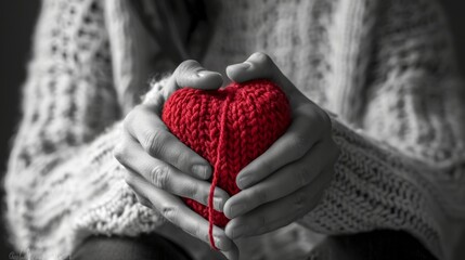 A woman knits a red heart for her loved one in black and white. Valentine's postcard.