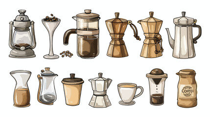 Isolated Coffee icons set. French press coffee machin