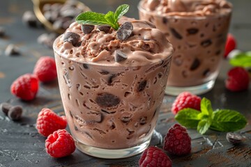 Luxurious chocolate and raspberry whipped cream dessert, accompanied by fresh raspberries and mint in a cozy ambiance.