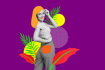 Composite collage picture image of plants female model posing summer vacation sales shopping draw fantasy billboard comics zine minimal