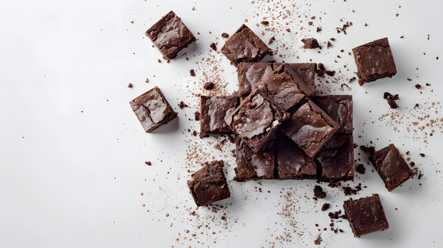 Chocolate brownies on white background top view copy space Delicious homemade dark chocolate dessert brownie : Generative AI