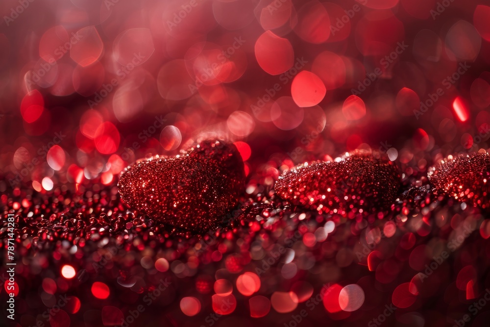Poster Multiple sparkling red heart-shaped objects spread on a glittering red background with shining light effects