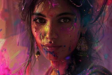 Portrait of a beautiful young woman covered with multicolored paint, Ai Generated