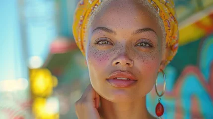 Muurstickers Portrait of a woman with freckles wearing a colorful headwrap and earrings © Julia Jones