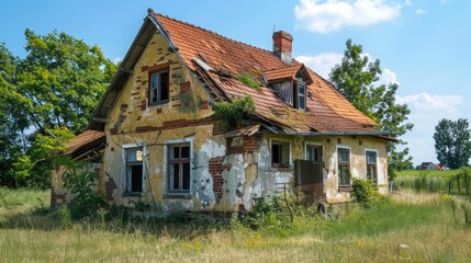 Fototapeta na wymiar Abandoned house with damaged roof and overgrown vegetation.