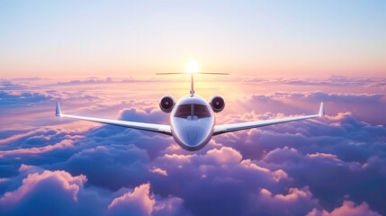 A luxurious private jet soars above vibrant sunset clouds, epitomizing luxury travel and serene...