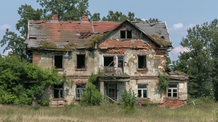 Abandoned house with damaged roof and overgrown vegetation.
