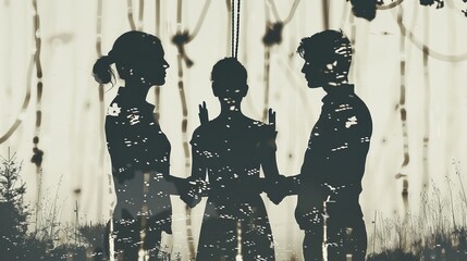Several exposures showing silhouettes of a man and woman, as well as a marionette holding a rope in her hands as a concept of control.