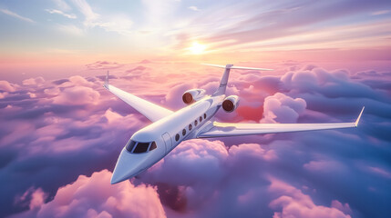A luxurious private jet soars above vibrant sunset clouds, epitomizing luxury travel and serene...