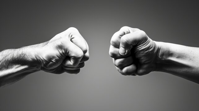 Black and white picture of two fists clashing on a toned background. Concept of confrontation, fight, domestic violence.