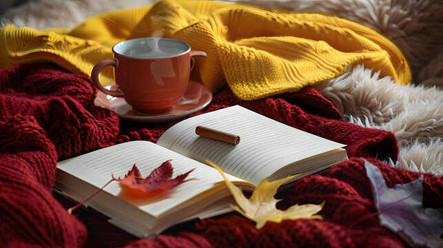 Autumn home cozy composition with yellow and burgundy blankets cup of coffee red and yellow leaves and notebook with copy space Fall season template for feminine blog social media : Generative AI