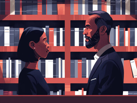 Illustration of a man and woman in profile facing away from each other against a background of geometric shapes.