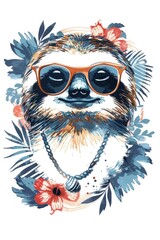 Obraz premium An adorable sloth illustration in sunglasses, surrounded by a tropical floral motif