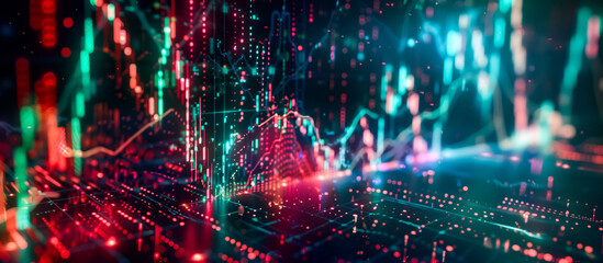  Dynamic stock market data visualization, glowing graphs and charts showcasing financial trends in a 3D perspective, ideal for business and finance content.