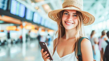 Woman in straw hat checking her smartphone amidst a bustling airport terminal. Blurred passengers and flight displays in the background. 