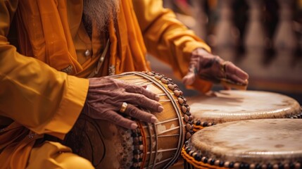 Sikh drummer in a yellow robe playing Indian tabla drums associated with the Baisakhi festival,...