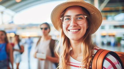 Woman in straw hat  at busy airport, carrying leather backpack, blurred travelers in background.