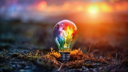 Glowing Light Bulb Representing Innovation and Sustainable Solutions in Natural Setting