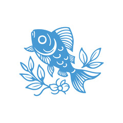 Blue and White Illustration of Fish with Flower