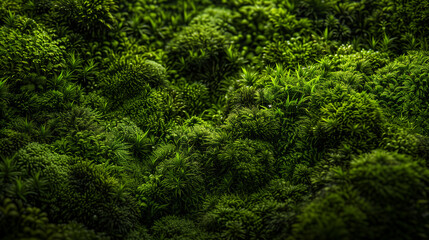 Lush green moss-covered forest floor. Nature and tranquility concept. Ideal for environmental, meditation, and landscape design themes.