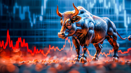 Charging bull statue on a digital stock market background, symbolizing financial growth, surrounded by graphs and data, illuminated in dynamic blue and red lights. 