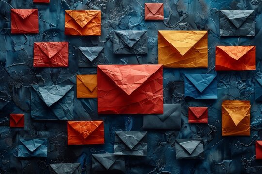 High-quality image of a textured blue wall adorned with a pattern of multicolored paper envelopes