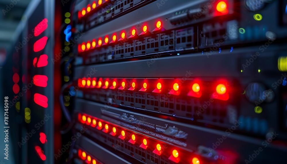 Fototapete Experience the efficiency and reliability of a high-performance data center in full operation, showcasing sleek server design, intricate cable networks, and soft indicator lights