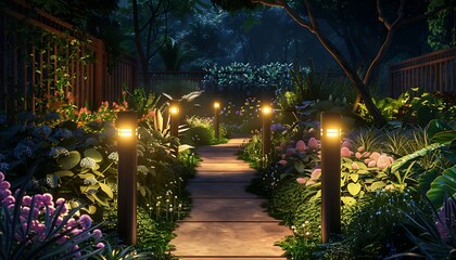 Fototapeta premium Captivating Garden Oasis, Eco-Friendly Solar Lights Illuminate Vibrant Pathway Amidst Lush Floral Landscape, Embracing Sustainable Design and Serene Ambiance