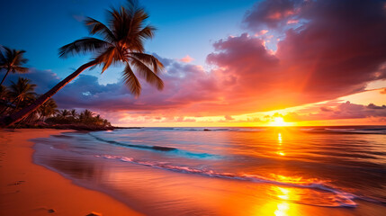Romantic beach sunset. Palm tree majestic clouds sky.