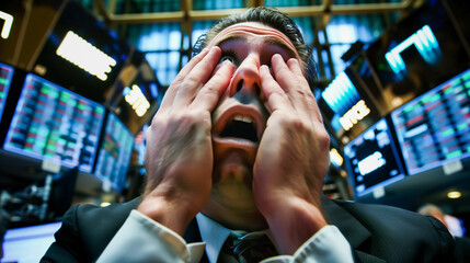 Stressed businessman or trader at stock exchange, hands on face amidst colorful data screens, capturing the intense atmosphere or crash of financial market.