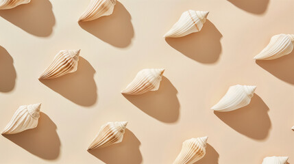 Seashells casting shadows on a beige background, arranged in a pattern, ideal for design elements or backgrounds in nature and serenity themes.
