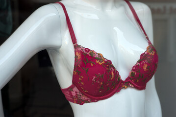 Closeup of red printed bra on mannequin in a fashion store showroom - 787145069