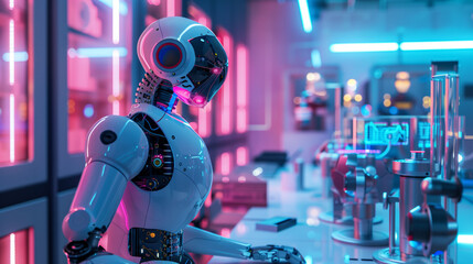 Advanced humanoid robot working with technology in a futuristic laboratory. Artificial intelligence and robotics development concept. Design for tech, science, and future innovation.