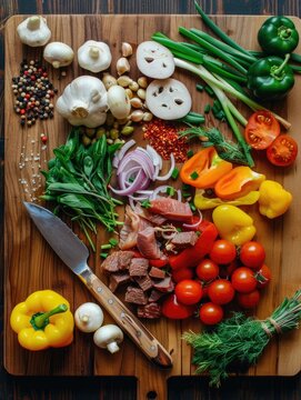 Assortment of Fresh Vegetables,Herbs,and Ingredients on Rustic Wooden Table for Homemade Cooking and Meal