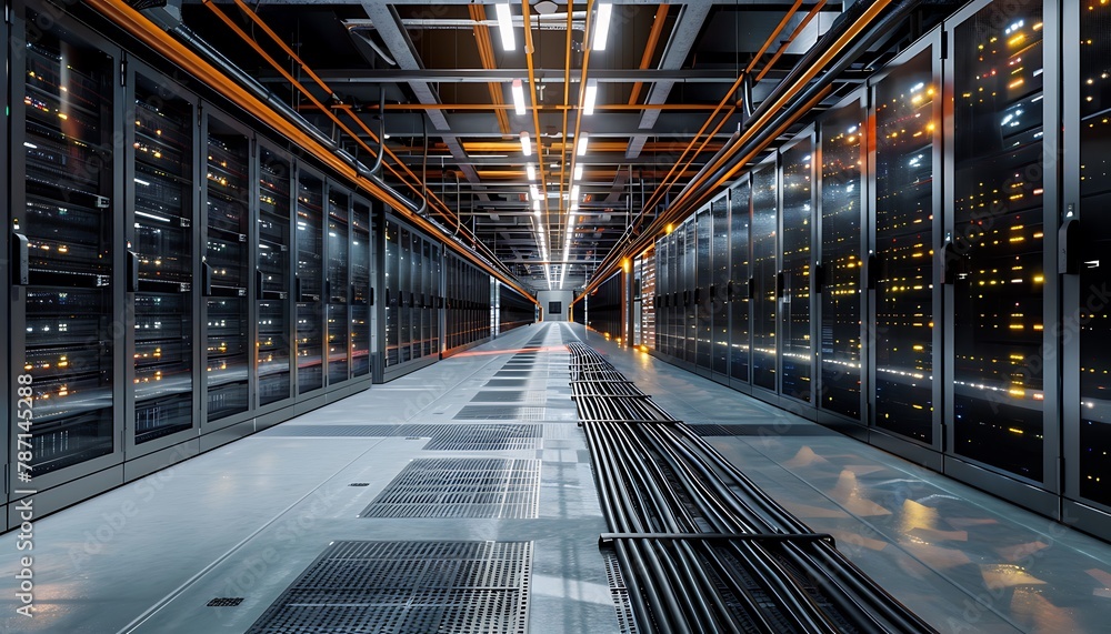 Poster Experience the efficiency and reliability of a high-performance data center in full operation, showcasing sleek server design, intricate cable networks, and soft indicator lights