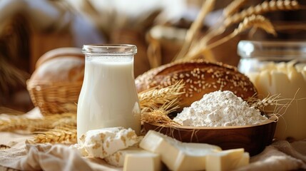 Fresh dairy products and grains on a rustic table. Organic food and farming concept.