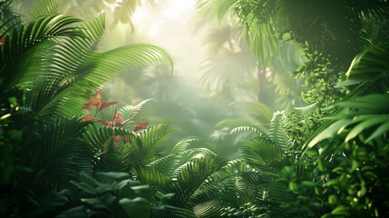 Fototapeta na wymiar Lush green tropical rainforest with sunlight filtering through. Nature and jungle exploration concept. Design for environmental awareness, eco-tourism, and travel brochures.