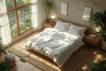 Cozy bedroom with abundant natural light pouring from the window, overlooking fresh greenery, and a serene atmosphere
