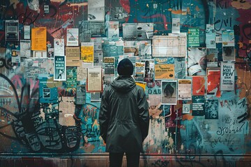 A man standing in front of a wall covered in graffiti and posters looking at a wall covered with