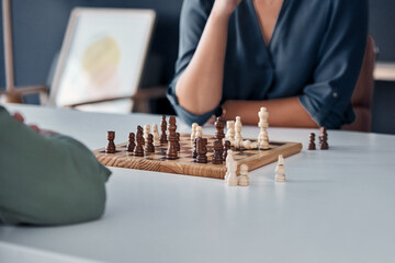 Thinking, chess or business hands in office for planning, board game or movement strategy. Work,...