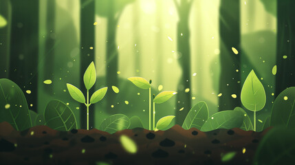 Stages of plant growth from seedling to mature plant with leaves. Digital illustration on a green background. Design for educational materials, infographics, and environmental awareness campaigns.