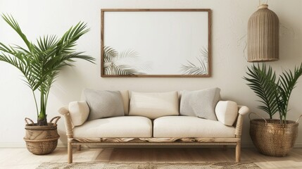 Modern living room interior with sofa and decorative plants.