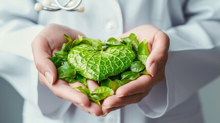 Healthy liver concept with green liver with leaf texture on the hands of a doctor.