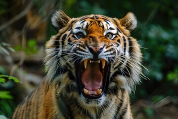 Fierce Tiger Baring Teeth in Intense Predatory Gaze from Lush Jungle Habitat