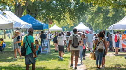 Outdoor summer fair with diverse people walking between booths.
